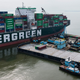 A photo of cranes unloading containers from the Ever Forward ship.
